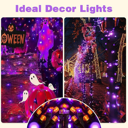 2-Pack Solar String Lights,78Ft Extra-Long 200 LED Waterproof Solar Halloween Lights, 8 Modes for Garden, Patio, Wedding (Purple & Orange)