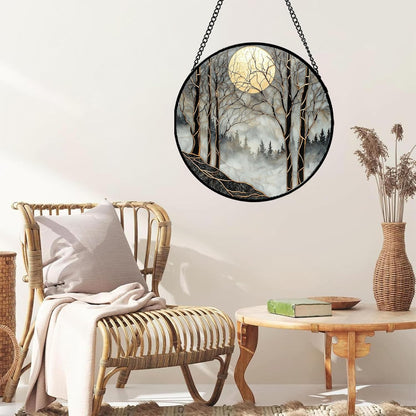 Stained Glass Window Hanging - Black and White Gold Moon Forest Sun Catcher for Door Home Decor Suncatcher Christmas Mother's Day Birthday Gifts for Women Men Lovers Mom Nana 11.8 in