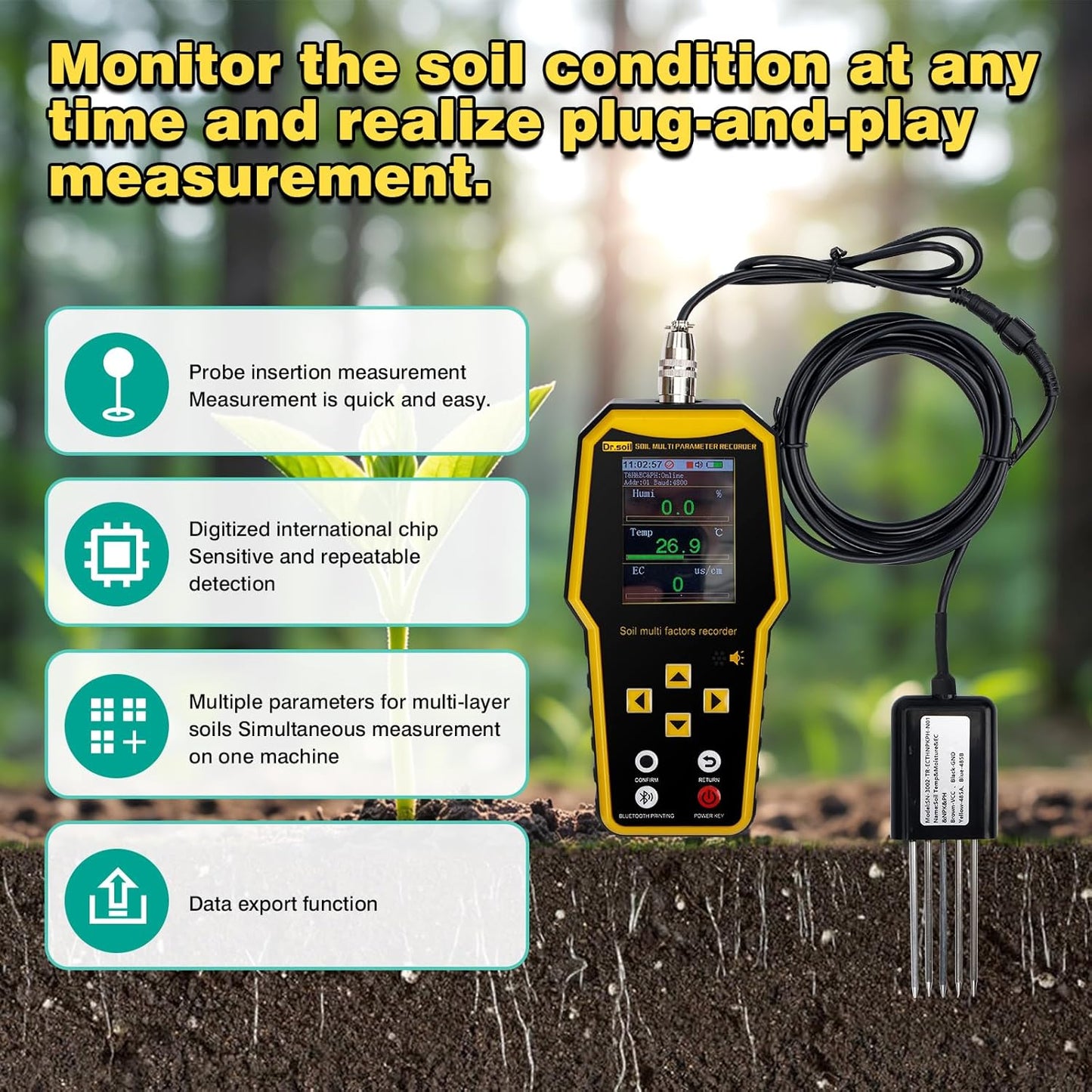 New 7 in 1 Soil Tester with LCD Display, Nitrogen Phosphorus Potassium NPK Tester, Handheld Soil PH Meter Kit, Temperature, Conductivity, Moisture, EC Meter for Agriculture and Surveying