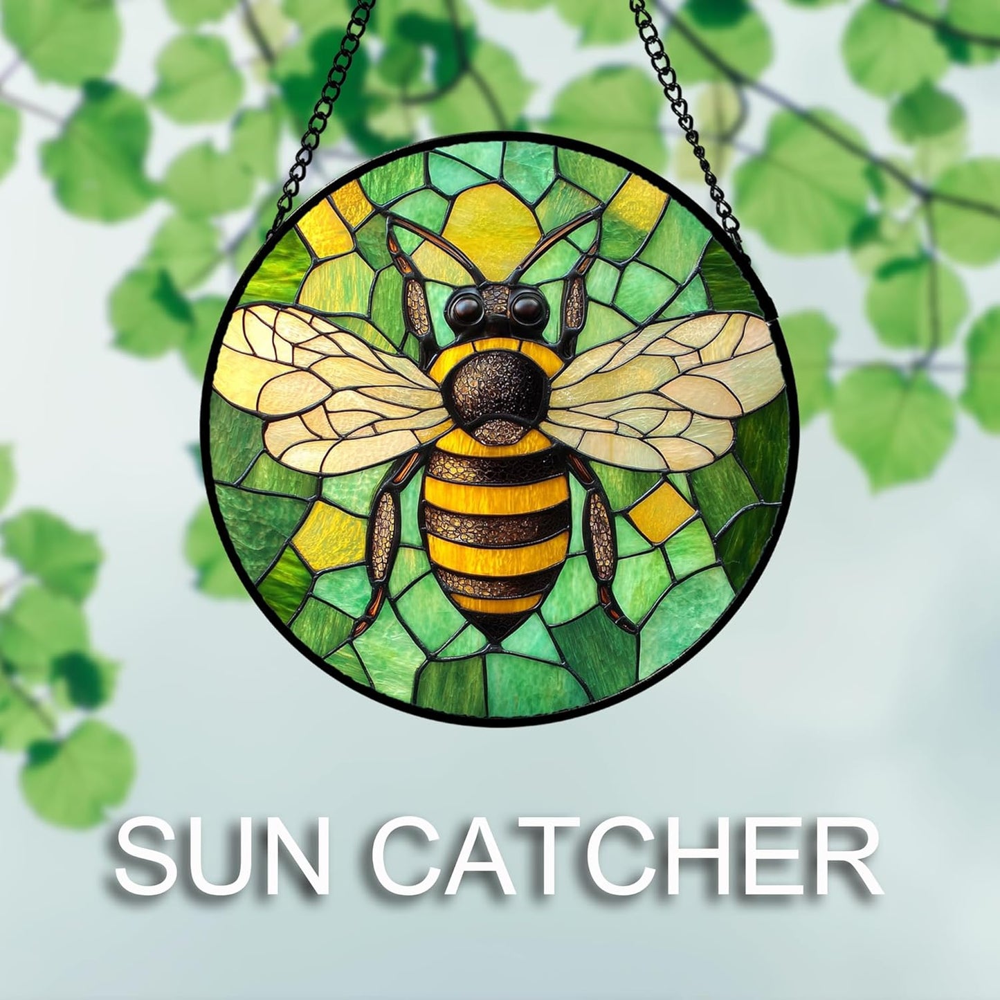Stained Glass Window Hanging 4 Pcs Set Green Plants Yellow Insect Theme 6.3" - Suncatcher Door Garden Sun Catcher Decor Birthday Christmas for Mom Woman Nana Men