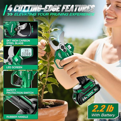Electric Pruning Shears, 1.4 inch (35mm) Cutting Diameter Cordless Electric Scissors with LCD Display, 21V Brushless Motor Branch Cutter with 2 PCS Rechargeable 2000mAh Batteries & 2 Blades