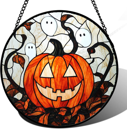Stained Glass Window Hanging - Halloween Decorations Pumpkin Ghost Suncatcher for Doors Garden Indoor Spooky Funny Orange Sun Catchers Gothic Decor Horror Gifts for Women Men Friend 15 in