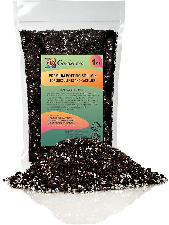 Gardenera Premium Organic Potting Soil, Succulent & Cactus Soil Mix, Fast Draining Pre-Mixed Blend - Horticultural Perlite (25%) + Peat Moss (75%) - Made in USA - 1 Quart