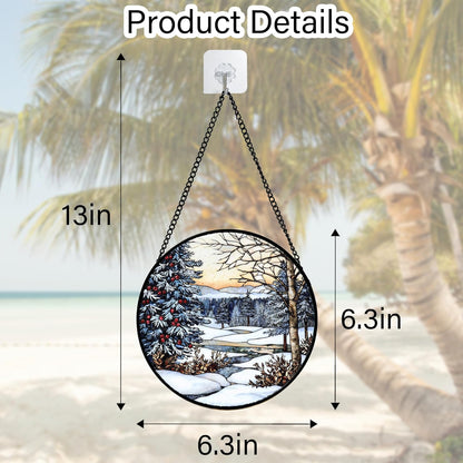Stained Glass Window Hanging, Winter Snow Landscape Suncatcher Diamond Glass Panel Sun Catchers Decor for Birthday for Women, Men, Wife, Aunt, and Mom 6.3x6.3 in