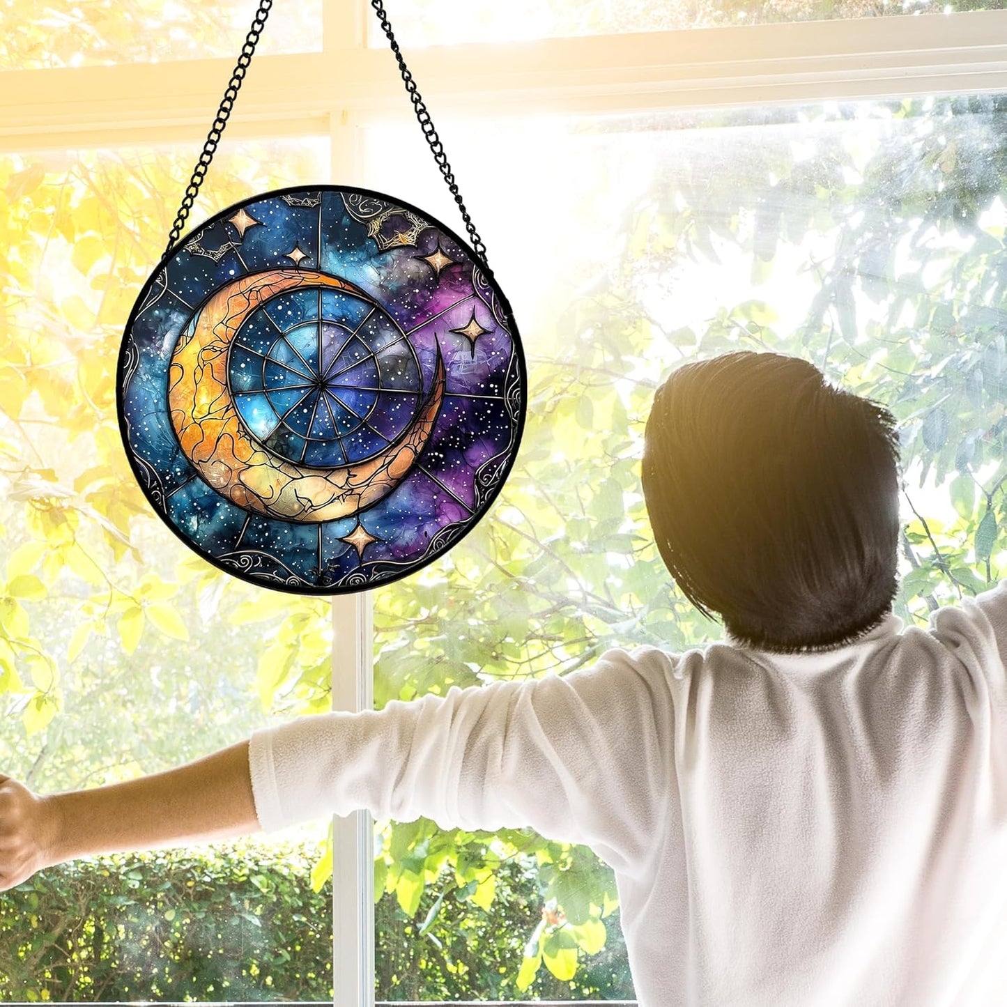 Stained Glass Window Hanging, Blue Starry Sky Moon Astrolabe Suncatcher for Doors Home Sun Catchers Decoration and Christmas, Mother's Day Birthday Gifts for Women, Men, and Mom 7.8 in