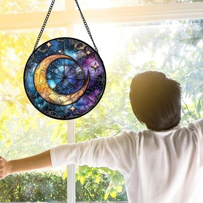 Stained Glass Window Hanging, Blue Starry Sky Moon Astrolabe Suncatcher for Doors Home Sun Catchers Decoration and Christmas, Mother's Day Birthday Gifts for Women, Men, and Mom 6.3 in