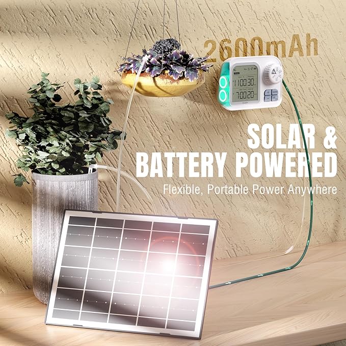 Raddy WS-7 Solar Drip Irrigation Kit with IPX7 Waterproof, Auto Watering System for 15 Potted Plants, with Auto-Soil Humidity Detection, 2600mAh Battery, Large Display for Indoor Outdoor Balcony