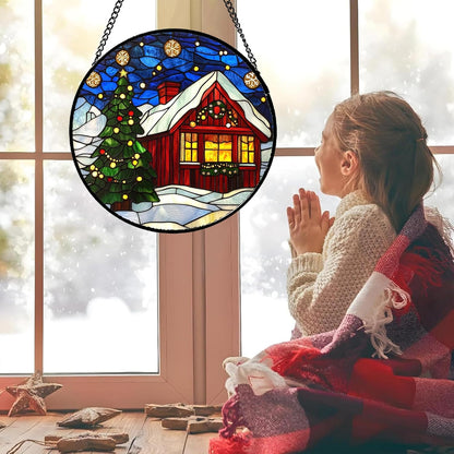 Stained Glass Window Hanging Blue Night Sky Snowflakes Christmas Tree 6.3" - Suncatcher Door Garden Sun Catcher Xmas Holiday Decor Birthday for Mom Men Woman Nana