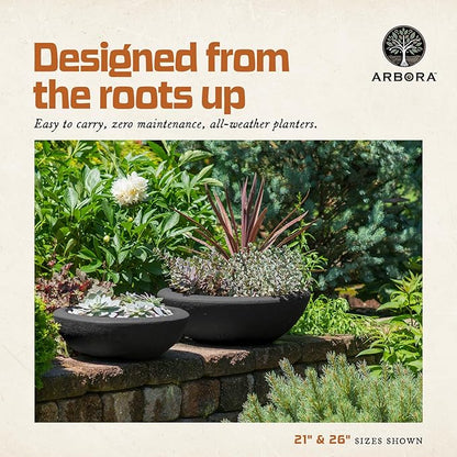 ARBORA 21" Santorini Bowl 2-Pack with Classic Black Finish - Polyresin Indoor and Outdoor Planters, Durable, Weatherproof, Lightweight, Large Plant Pots for Patio, Garden, Deck, Entryway