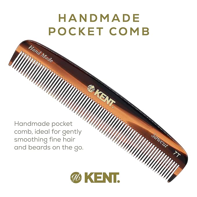 Kent 7T Handmade All Fine Tooth Pocket Comb for Men, Hair Comb Straightener for Everyday Grooming Styling Hair, Mustache and Beard, Use Dry or with Balms, Saw Cut and Hand Polished, Made in England