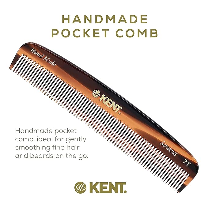 Kent 7T Handmade All Fine Tooth Pocket Comb for Men, Hair Comb Straightener for Everyday Grooming Styling Hair, Mustache and Beard, Use Dry or with Balms, Saw Cut and Hand Polished, Made in England