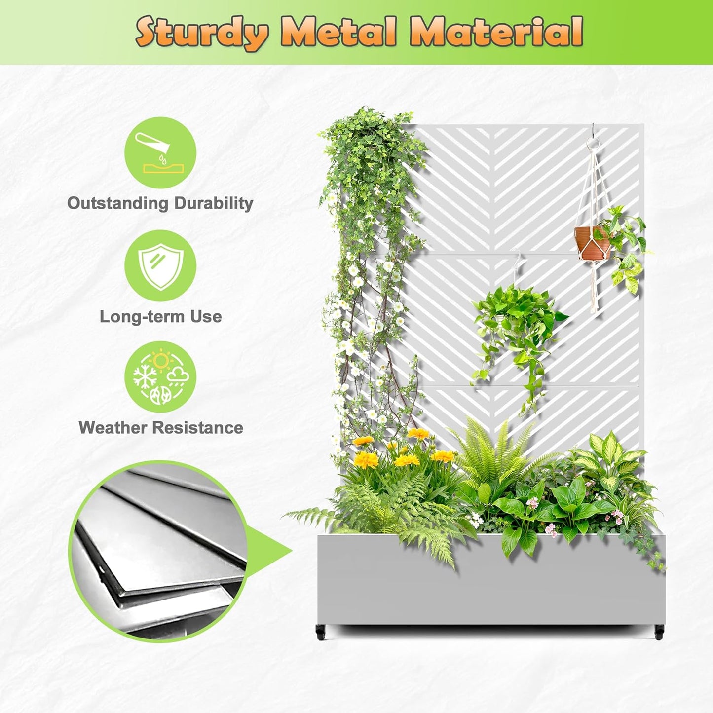 Metal Raised Garden Bed with Trellis, 2-in-1 Planter Box & Privacy Screen for Climbing Plants, Outdoor Standing Flower Bed with Drainage Holes, 47.2" L x 16.7" W x 70.8" H, White-Parallel