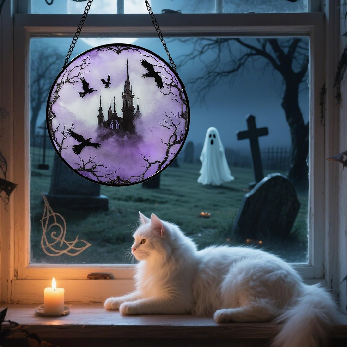 Stained Glass Window Hanging - Halloween Gothic Castle Purple Smoke Suncatcher for Doors Garden Home Spooky Crow Sun Catchers Gothic Decor Horror Gift for Women Men Friend Boy Girl 6.3 in