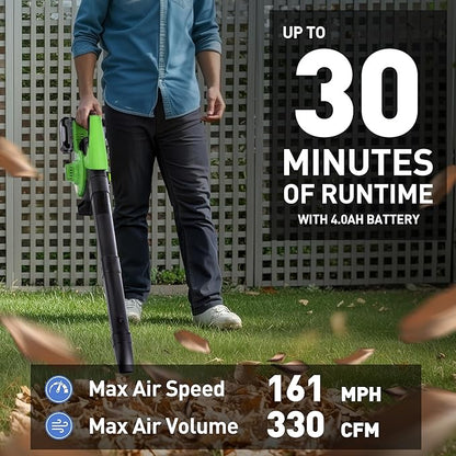 Leaf Blower, 20V Cordless Electric Blower, Leaf Vacuum and Mulcher, with 2 * 4.0Ah Batteries and 1 Fast Charger, Lightweight Leaf Blower for Patio Cleaning, Lawn Care, Blowing Fallen Leaves