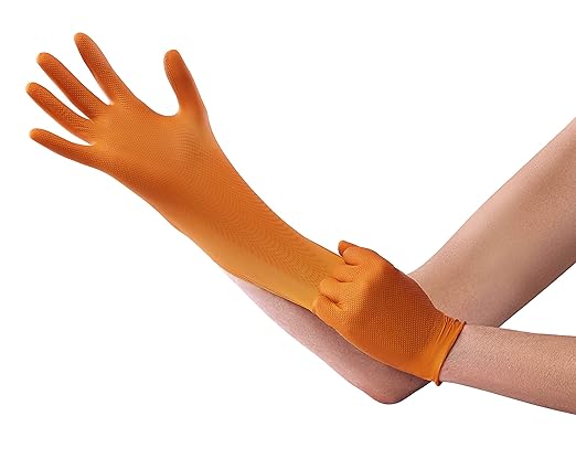 Venom Steel Orange Nitrile Gloves, 8 mil Thick, 50 Count, Maximum Grip Textured Disposable Gloves, Puncture and Rip Resistant, Hi-Visibility Orange, One Size Fits Most