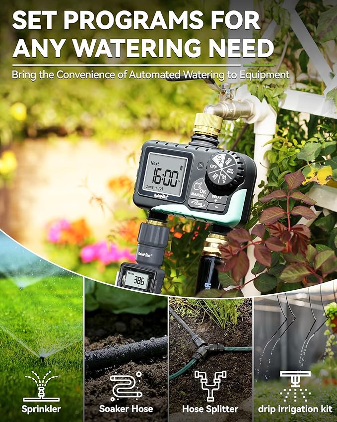 RAINPOINT 2 Zone Sprinkler Timer with Brass Inlet and Outlet - Water Timer for Garden Hose with Rain Delay/Manual Watering/Automatic Irrigation Controller System - Water Hose Timer for Yard Lawn
