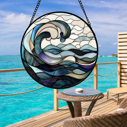 Stained Glass Window Hanging, Ocean Waves Sun Catchers Diamond Glass Panel Hangings Abstract Suncatcher Decor for Birthday for Women, Men, Wife, Aunt, and Mom 14.9x14.9 in