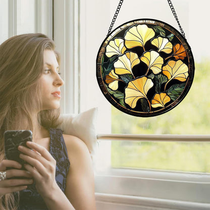 Stained Glass Window Hanging - Ginkgo Leaf Suncatcher for Doors Garden Patio Retro Fall Decor Sun Catchers Christmas Mother's Day Birthday Gifts for Women Men Mom Nana Friend 11.8 in