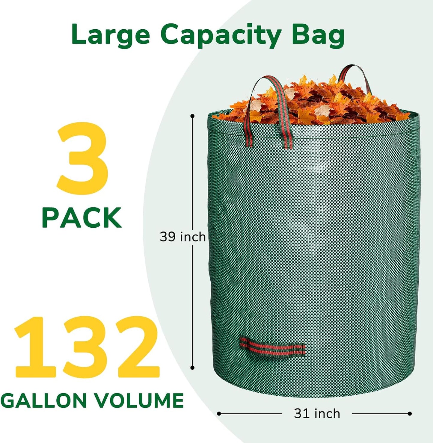 GreatBuddy 132 Gallon Reusable Yard Waste Bag, Heavy Duty, Upright Lawn Bags with 4 Reinforced Handles for Garden Leaves and Waste Collection, Lightweight (3 pack)