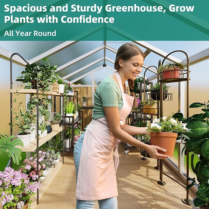 6x10 ft Greenhouse, Large Aluminum Greenhouses for Outdoors, Heavy Duty Polycarbonate Greenhouse with Roof Vent, Walk-in Green Houses for Winter Garden, Backyard, Patio, Lawn, Easy Assembly