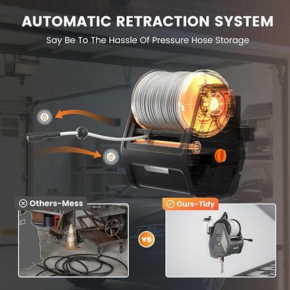 Giraffe Tools Grandfalls Retractable Wall Mount Pressure Washer Plus, Max 2900PSI 2.2 GPM, Electric Power Washer with 100ft Pressure Hose for Car/Patios, Automatic Rewind, Dark Silver