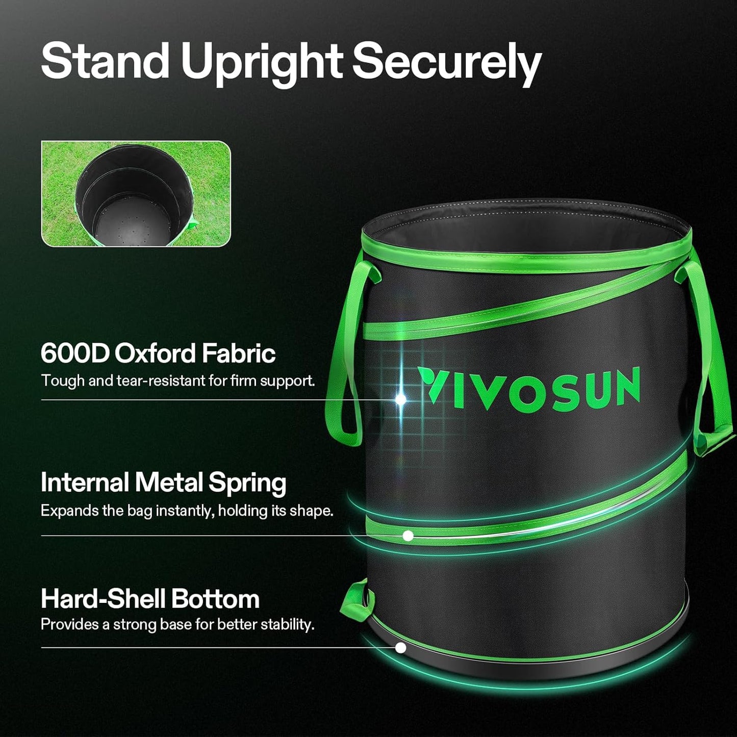 VIVOSUN 40-Gallon Collapsible Garden Bag, Yard Waste Bin with Hard-Shell Bottom, Leaf Scoops and Gloves, Collapsible Yard Waste Containers for Lawn Care and Camping