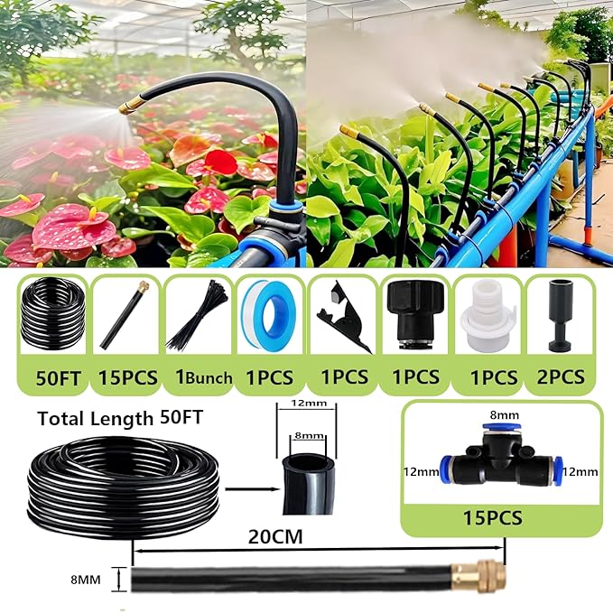 Drip Irrigation Kit Automatic Watering System for Potted Plants, 360 Degree Adjustable Copper Micro Sprinklers, Quick Connect Tubing Fittings for Garden, Lawn, Patio, Balcony(15 Nozzles Ⅱ)