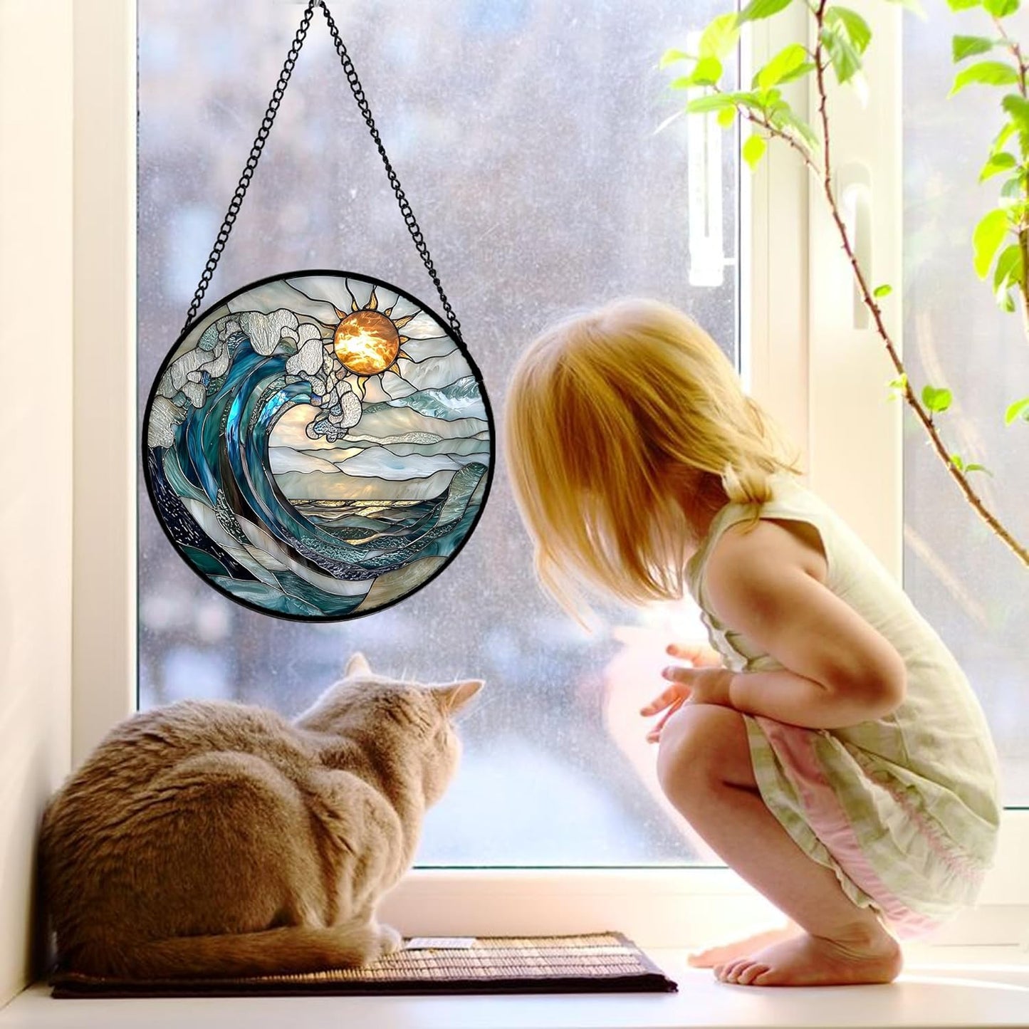 Stained Glass Window Hanging, Blue and White Waves Suncatcher Diamond Glass Panel Landscape Sun Catchers Decor for Birthday for Women, Men, Wife, Aunt, and Mom 7.8 in