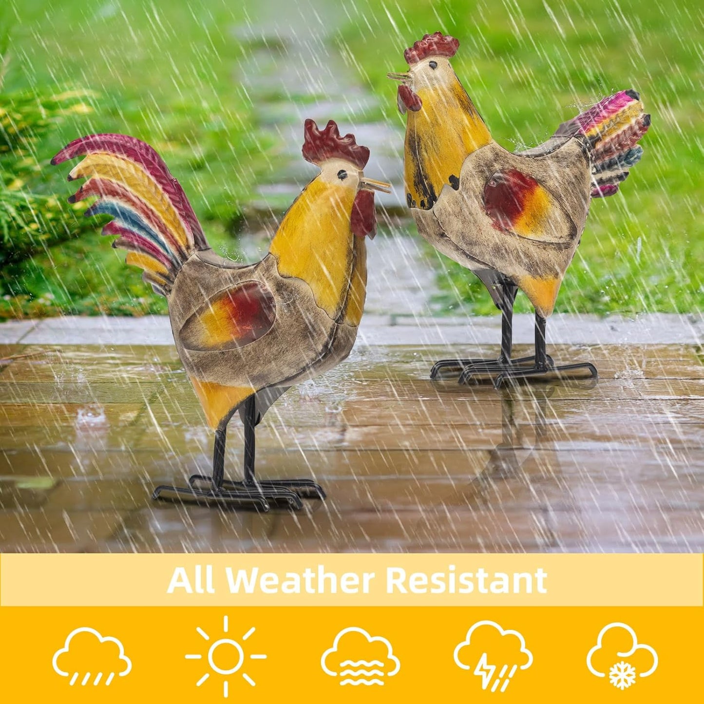 Set of 2 Metal Chicken Decor, Farmhouse Metal Rooster, Garden Chicken Statue, Hen and Rooster Ornaments Yard Art for Backyard Patio Lawn Decorations