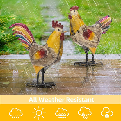 Set of 2 Metal Chicken Decor, Farmhouse Metal Rooster, Garden Chicken Statue, Hen and Rooster Ornaments Yard Art for Backyard Patio Lawn Decorations