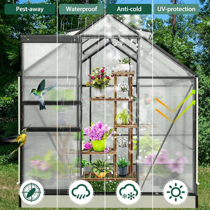 EAGLE PEAK 6x6x7 Outdoor Walk-in Hobby Greenhouse with Adjustable Roof Vent and Rain Gutter, Base and Anchor, Polycarbonate Aluminum Green House for Backyard Garden, Gray