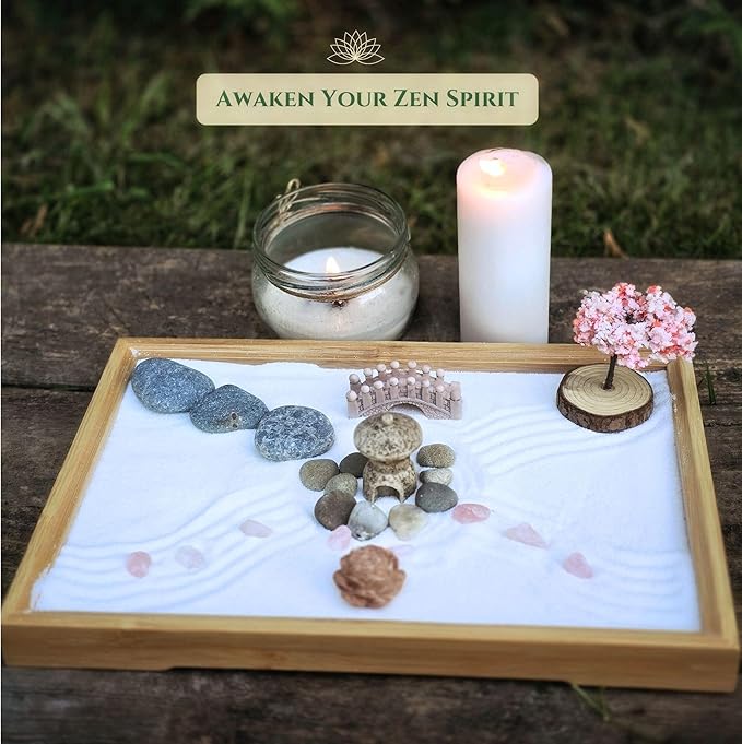 Zen Garden for Desk – Mini Japanese Rock Garden with Crystals, Bonsai Tree & Sand Tools,11x7.5in Stress Relief Desk Decor, Meditation & Relaxation Gift Set (Natural Bamboo)