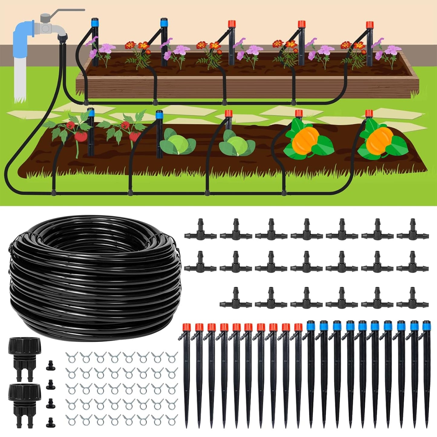 110ft Drip Irrigation System Kit, Garden Watering System DIY Automatic Irrigation Equipment Set for Lawn Raised Bed Greenhouse Plant Watering with 1/4'' Tubing, Drip Emitters, Connectors