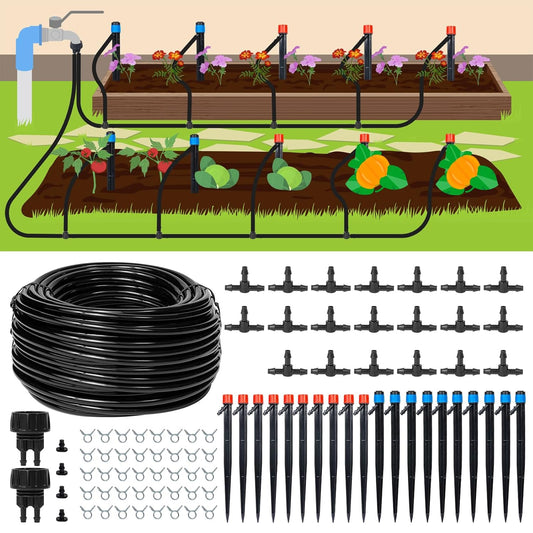 110ft Drip Irrigation System Kit, Garden Watering System DIY Automatic Irrigation Equipment Set for Lawn Raised Bed Greenhouse Plant Watering with 1/4'' Tubing, Drip Emitters, Connectors