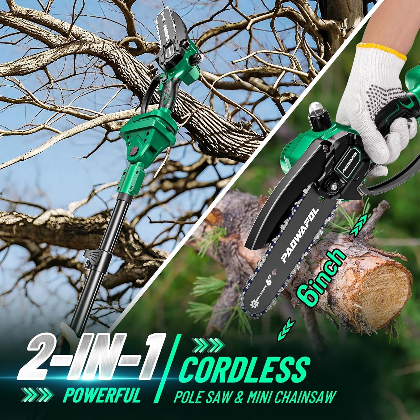 2-in-1 Pole Saws for Tree Trimming, Brushless Mini Chainsaw 6 Inch with Extension Pole, Electric Pole Saw with 2*2.0 Ah Battery Powered Pole Chainsaw, Electric Tree Trimmer for Branch Cutting