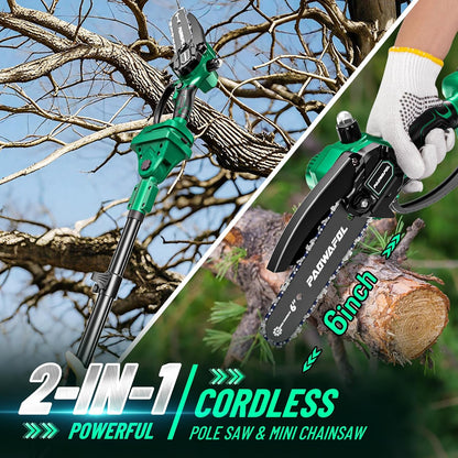 2-in-1 Pole Saws for Tree Trimming, Brushless Mini Chainsaw 6 Inch with Extension Pole, Electric Pole Saw with 2*2.0 Ah Battery Powered Pole Chainsaw, Electric Tree Trimmer for Branch Cutting