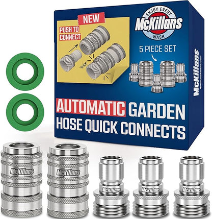 McKillans® 2025 Automatic Garden Hose Quick Connect [Universal FIT] - Stainless Steel Quick Connect Hose Fittings - Water Hose Connectors - Quick Disconnect Adapter - Instant Connection - 5 Pc Kit