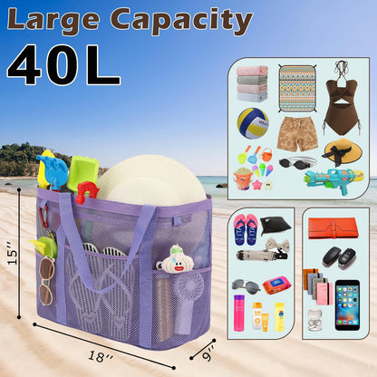 Mesh Beach Bag, Large Beach Tote with Zipper Pocket for Family Pool Bag for Toys & Vacation Essentials