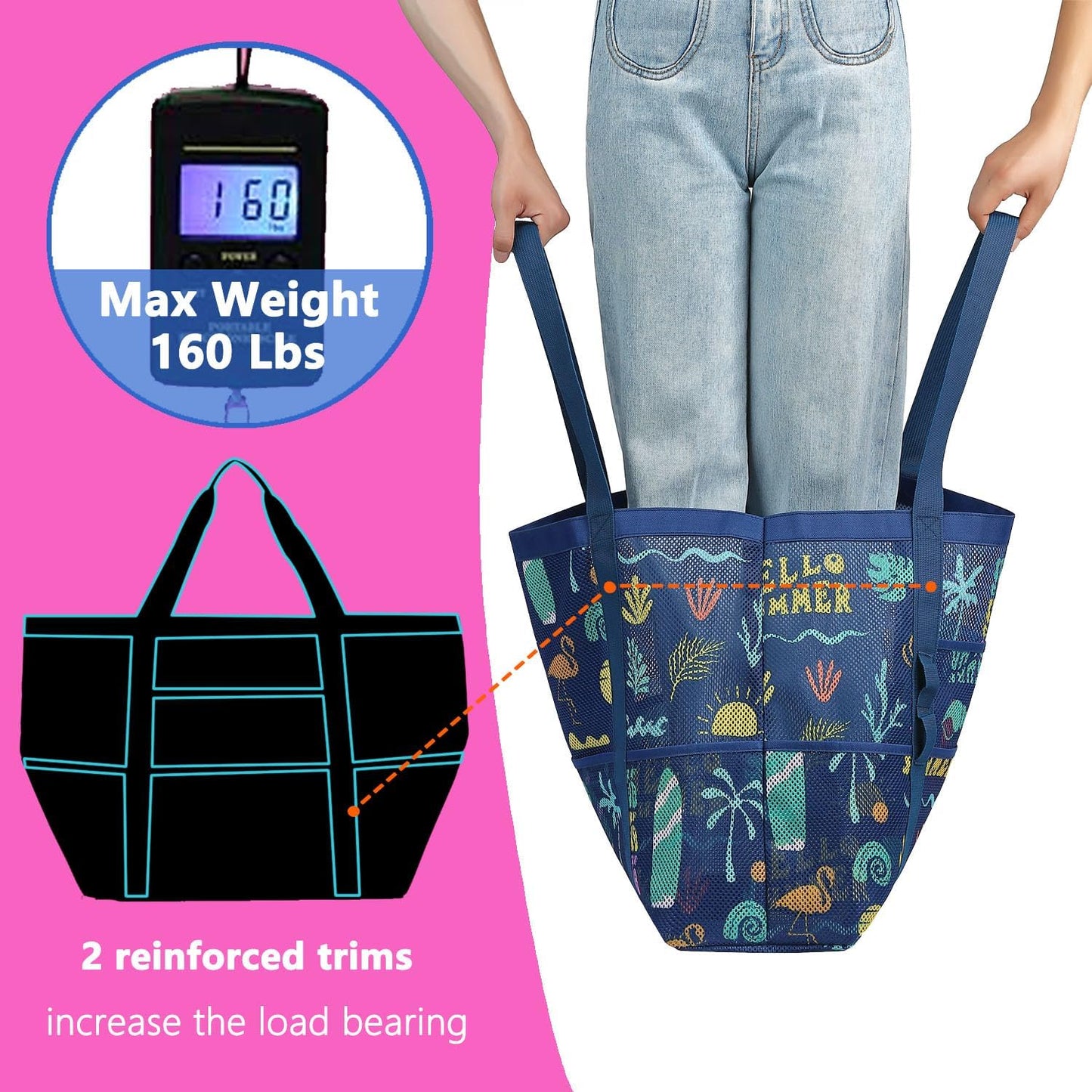 Mesh Beach Bag, Large Beach Tote with Zipper Pocket for Family Pool Bag for Toys & Vacation Essentials