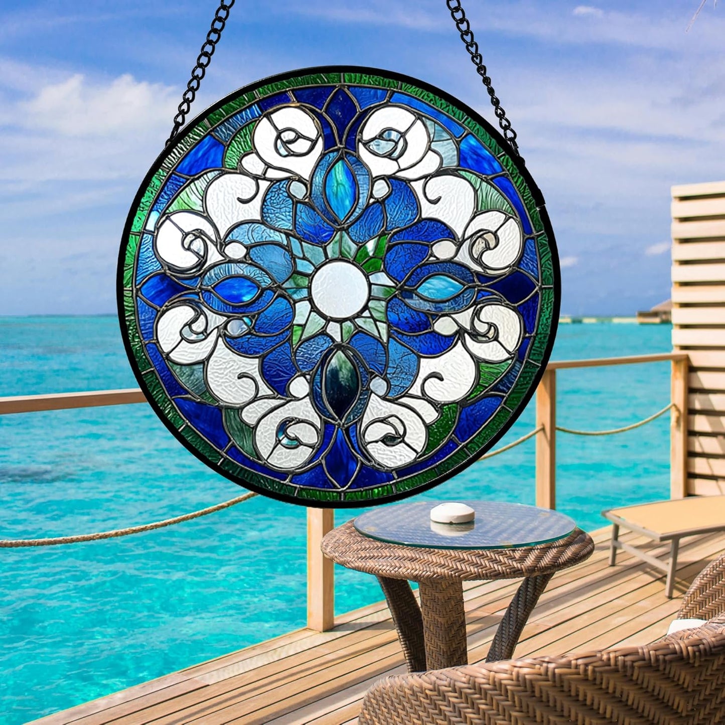 Stained Glass Window Hanging, Boho Style Sun Catchers Diamond Glass Panel Hangings Tiffany Suncatcher Decor for Birthday for Women, Men, Wife, Aunt, and Mom 14.9x14.9 in