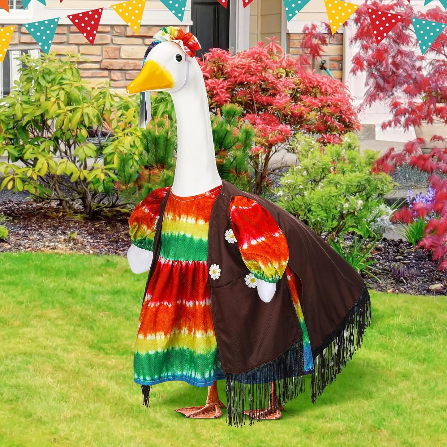 Suzile Hippie Goose Outfit Tie Dye Party Decoration Dresses Clothes for 23" High Cement or Plastic Porch Goose Costume for Holiday Yard Lawn Outdoor Garden Patio Groovy Party Rainbow Pride Statue