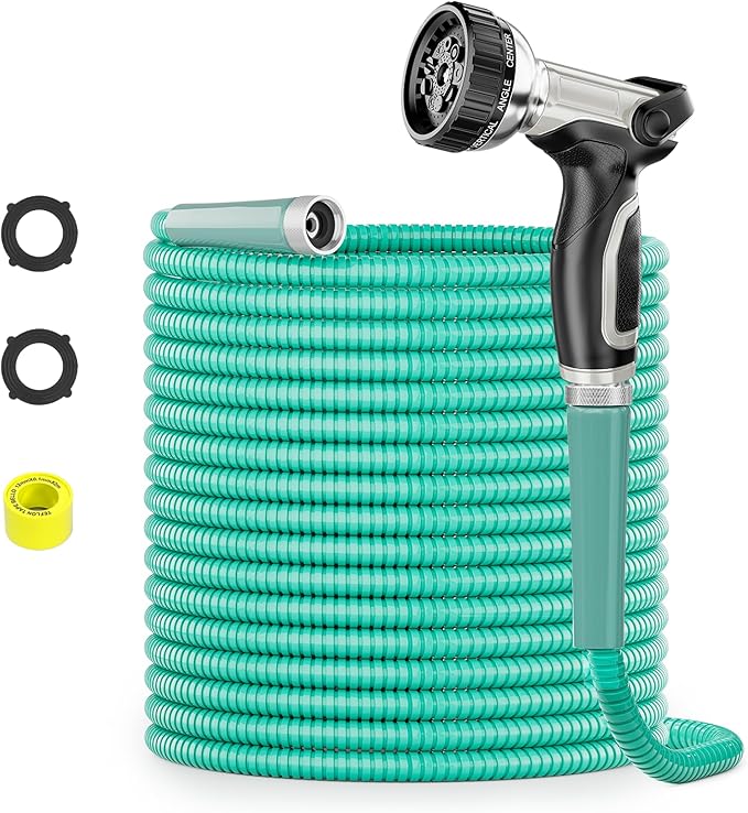 SPECILITE 50ft 304 Stainless Steel Garden Hose Metal, Heavy Duty Water Pipe with Nozzles for Yard, Outdoor - Flexible, Never Kink & Tangle, Puncture Resistant (Aqua)