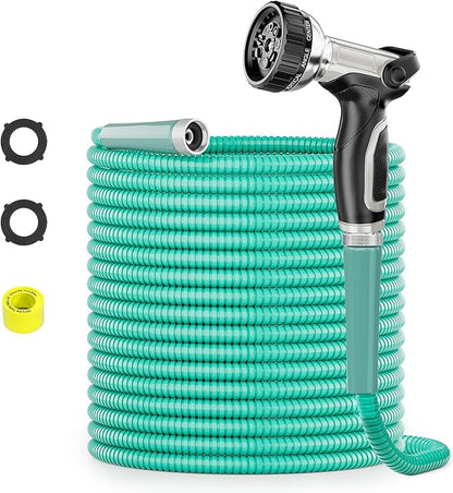 SPECILITE 50ft 304 Stainless Steel Garden Hose Metal, Heavy Duty Water Pipe with Nozzles for Yard, Outdoor - Flexible, Never Kink & Tangle, Puncture Resistant (Aqua)