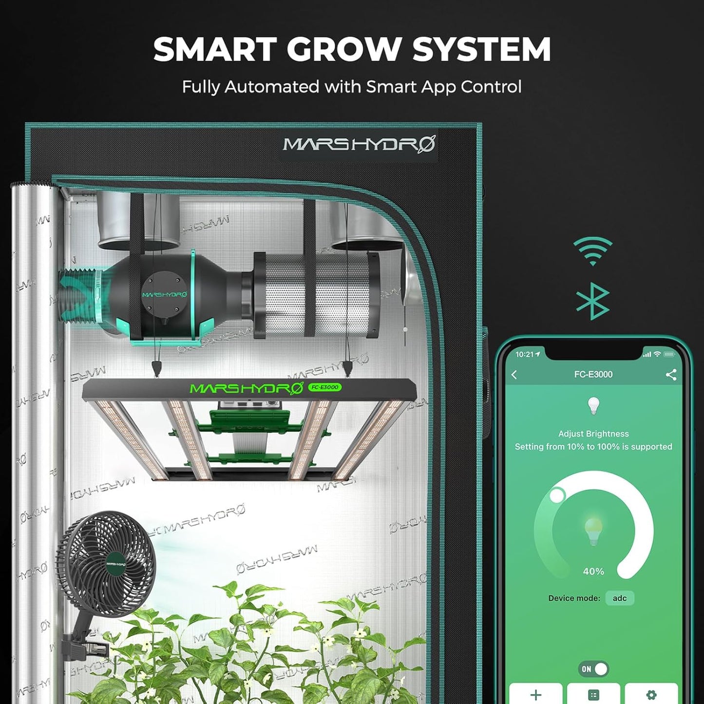 Mars Hydro 3x3 Smart Grow Tent Kit Complete System with Smart Controller 43,FC-E3000 APP Control Dimmable 1184Pcs Grow Light,1680D High Reflective Mylar,4inch Customized Ventilation System
