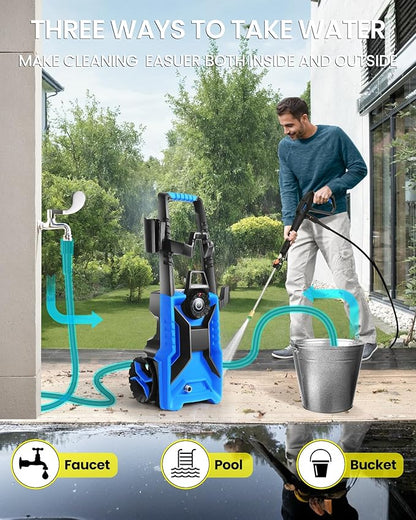 Pressure Cleaner High Power Cleaner with 33ft Pressure Hose, 4 Nozzles and 500ml Foam Cannon for Cars/Fences/Driveways/Patios/Home Cleaning (Light Blue)