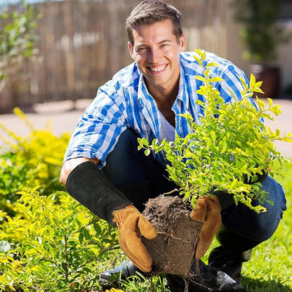 HANDLANDY Leather Gardening Gloves for Men & Women, Rose Pruning Thorn Proof Garden Glove, Long Sleeve Gauntlet Gloves (Black-brown, Large (Pack of 1))