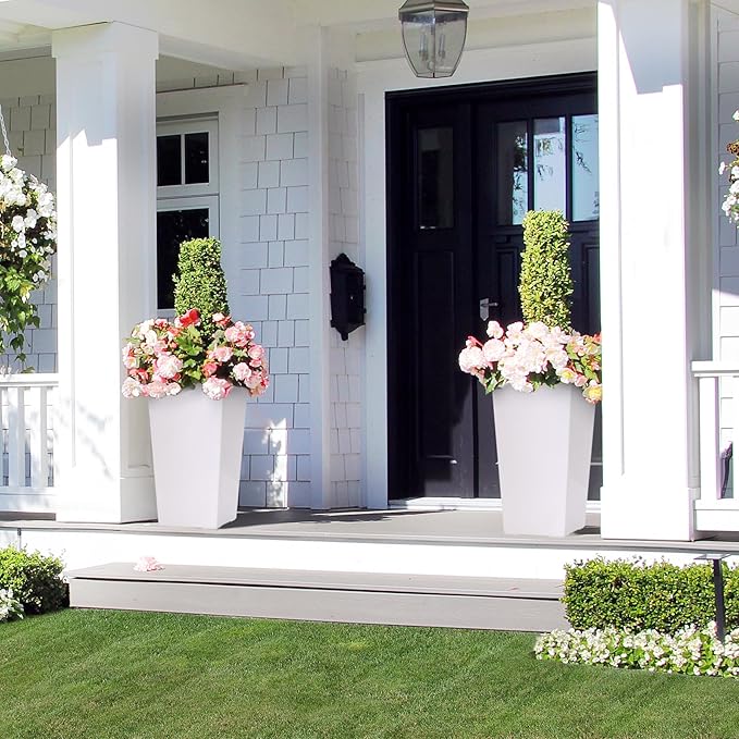 GarveeLife 22.5 in Tall Planters Set of 2, Outdoor＆Indoor Black Planter Pots, High Front Porch Planter Pots with Drainage Holes＆Water Level Monitor＆Inner Bucket, Automatic Watering, White