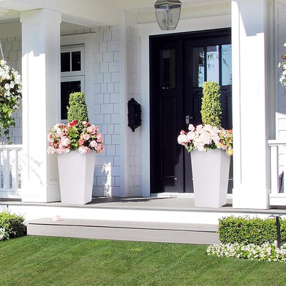 GarveeLife 22.5 in Tall Planters Set of 2, Outdoor＆Indoor Black Planter Pots, High Front Porch Planter Pots with Drainage Holes＆Water Level Monitor＆Inner Bucket, Automatic Watering, White