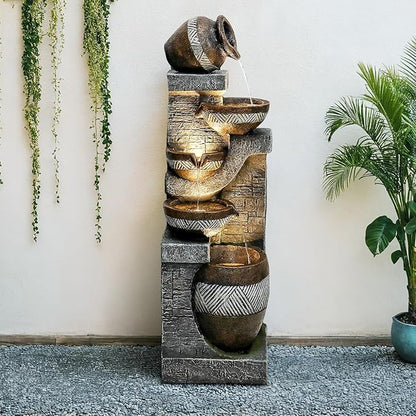 Naturefalls 42.5” H Modern Outdoor Fountain - 5 Bowls Outdoor Garden Fountains with Contemporary Design&LED Light for Garden, Patio, Deck, Porch, Backyard and Home Art Decor