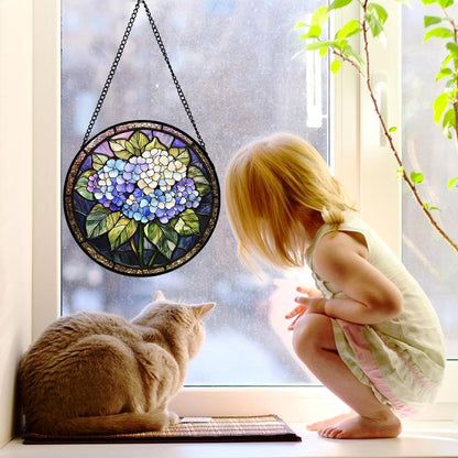 Stained Glass Window Hanging, Hydrangea Flowers Sun Catchers Diamond Glass Panel Hangings Plant Suncatcher Decor for Birthday for Women, Men, Wife, Aunt, and Mom 9.8 in